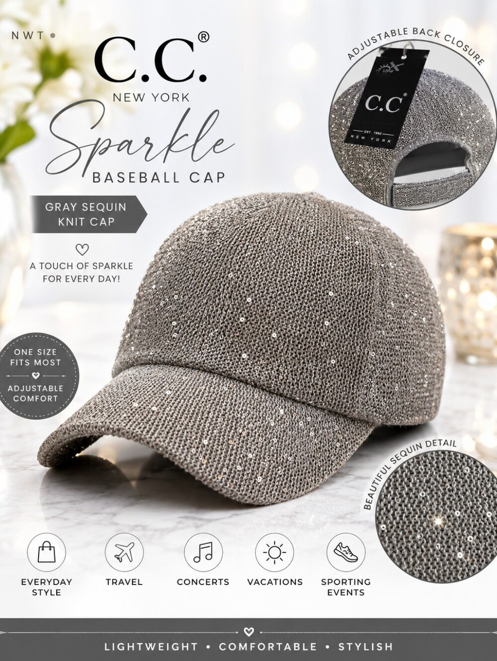 ✨️C.C Sparkle Baseball Cap in Gray Sequin